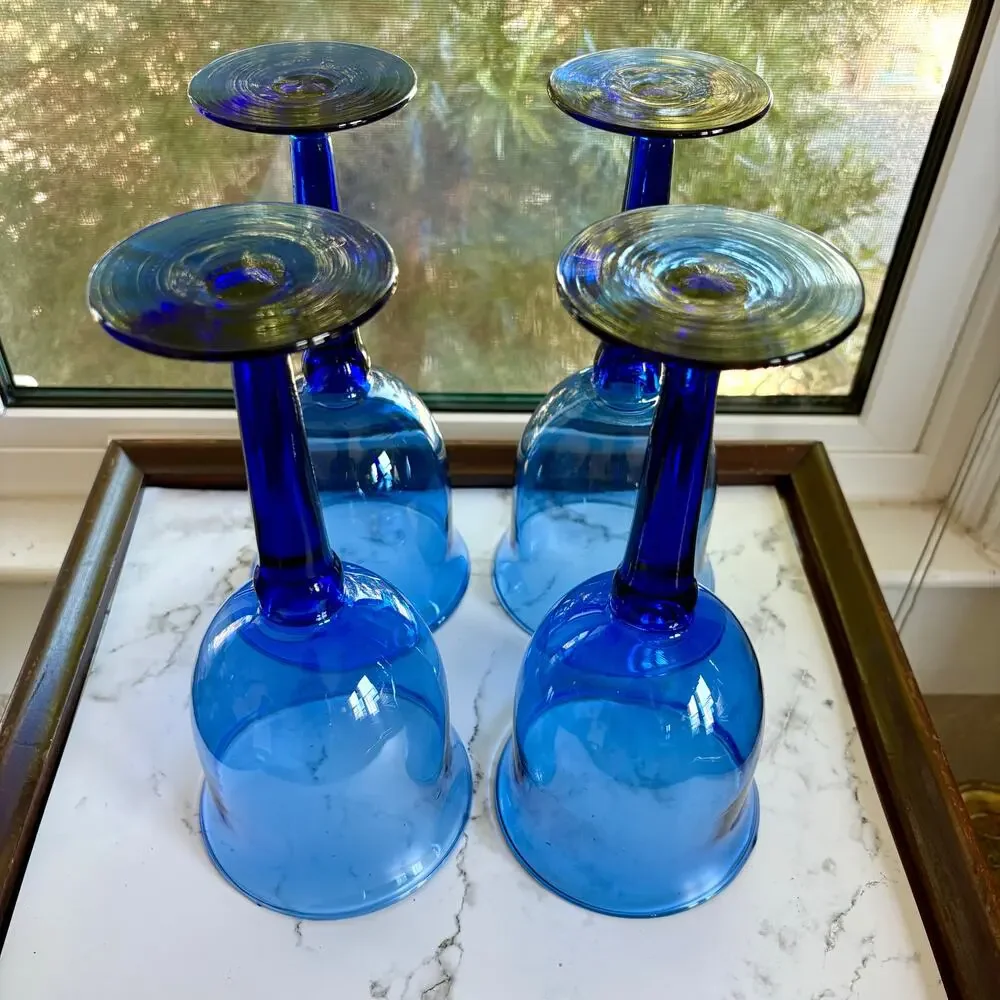 Vintage Mexican Blue Glass Goblets Set of 4 Tall Stemware